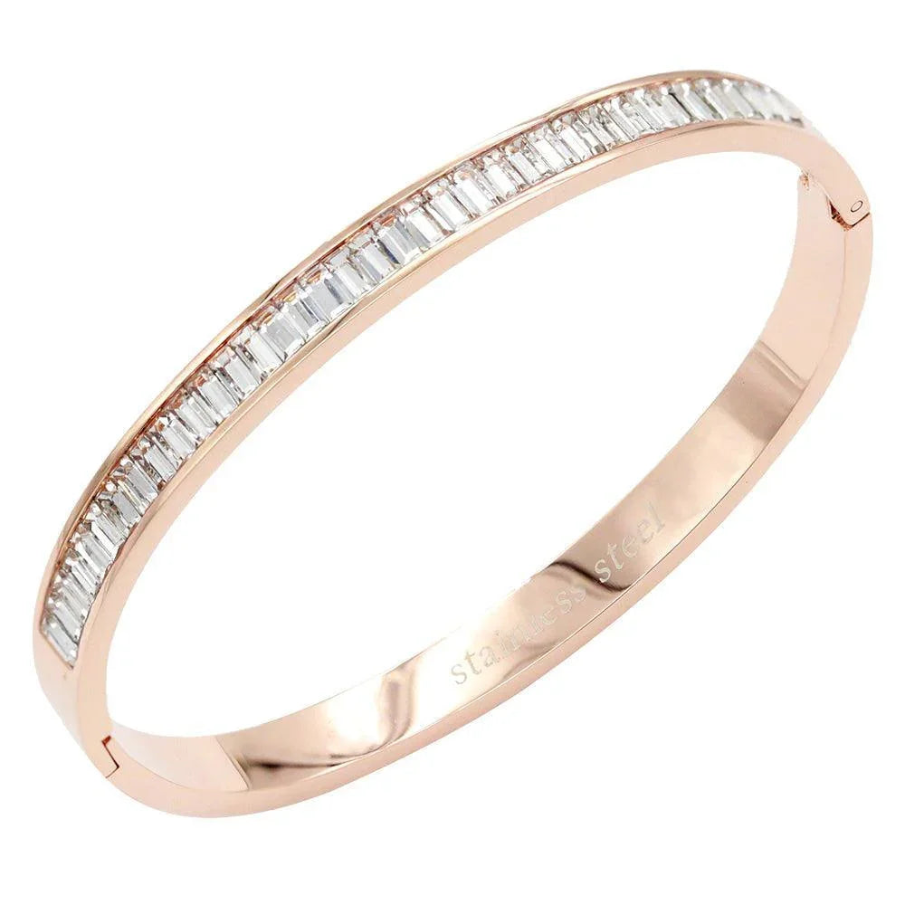 Rose Gold CZ Baguette Stone Cluster Stainless Steel Evening Bracelet - Jewelry Store by Erik Rayo