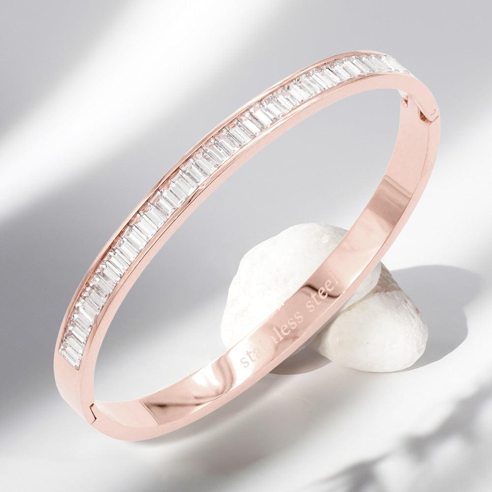 Rose Gold CZ Baguette Stone Cluster Stainless Steel Evening Bracelet