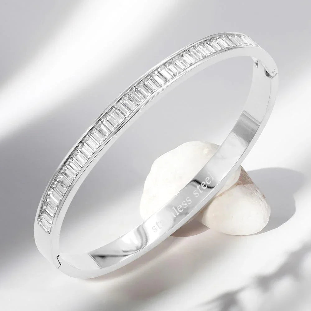 Silver CZ Baguette Stone Cluster Stainless Steel Evening Bracelet - Jewelry Store by Erik Rayo