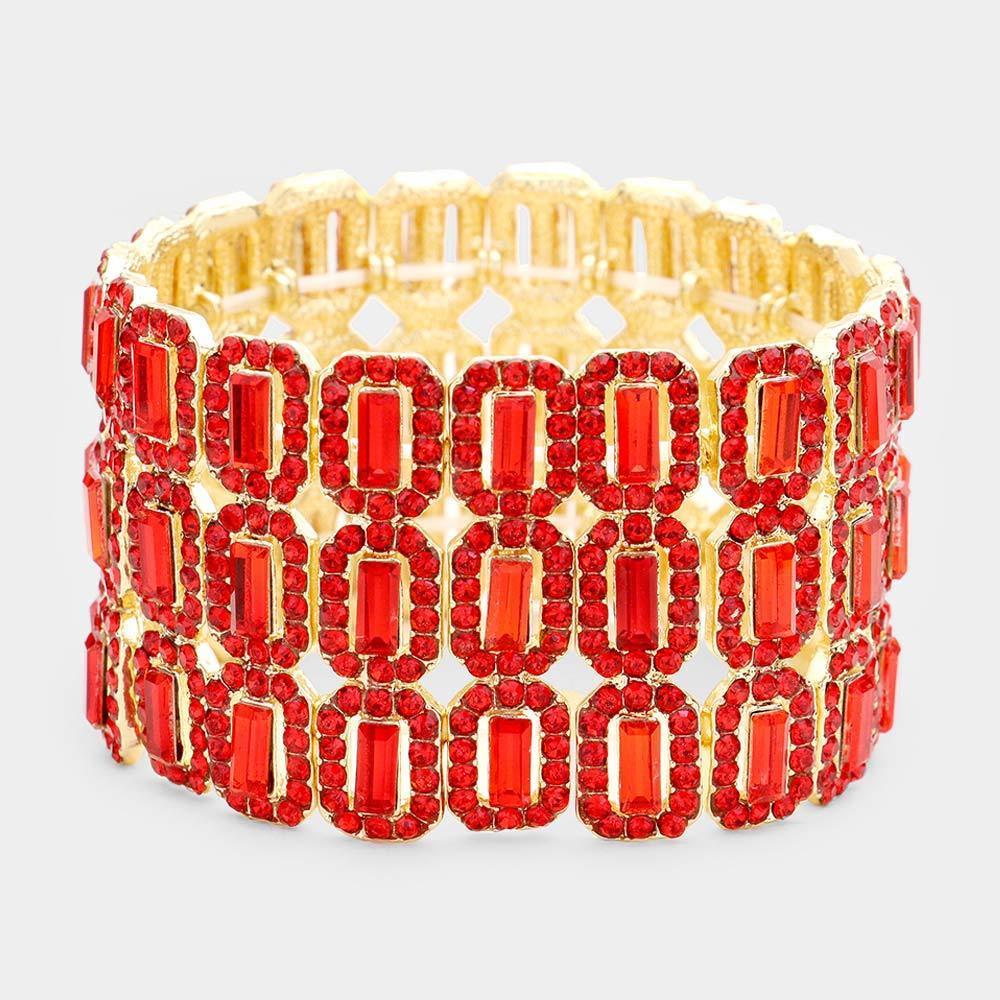Red Rectangular Crystal Rhinestone Pave Stretch Evening Bracelet - Jewelry Store by Erik Rayo