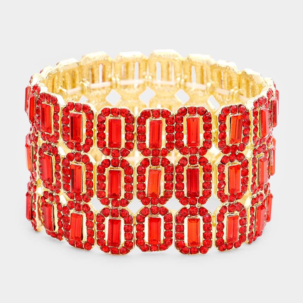 Red Rectangular Crystal Rhinestone Pave Stretch Evening Bracelet