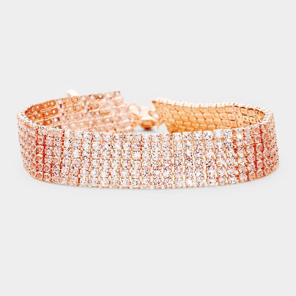 Rose Gold 6 Row Crystal Rhinestone Embellished Tennis Evening Bracelet - Jewelry Store by Erik Rayo