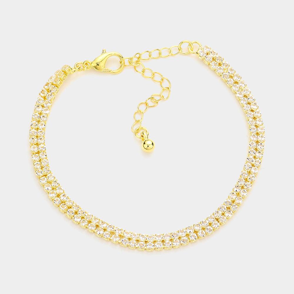 Gold 2 Row CZ Stone Embellished Tennis Evening Bracelet