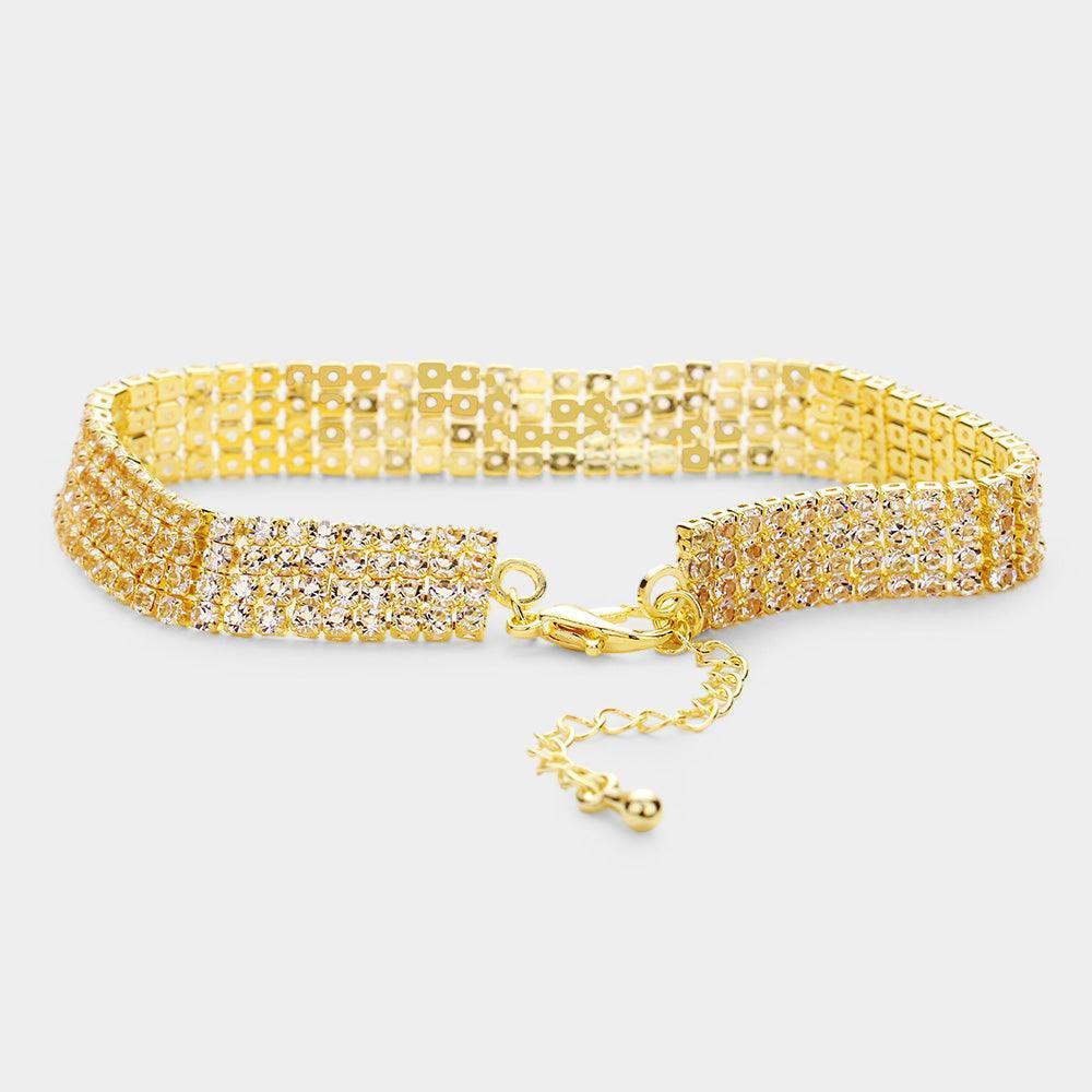 Gold 4 Row Crystal Rhinestone Embellished Tennis Evening Bracelet - Jewelry Store by Erik Rayo
