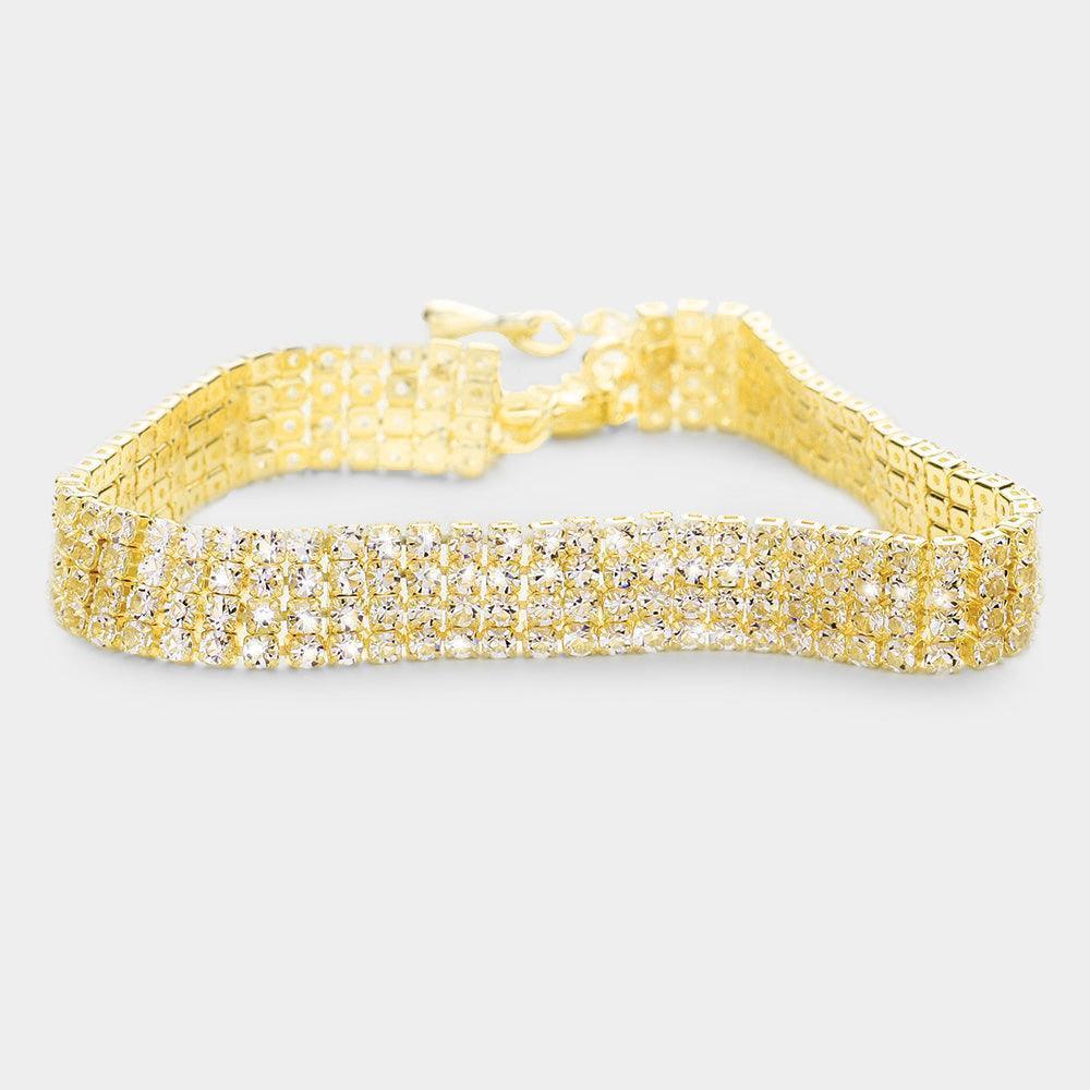 Gold 4 Row Crystal Rhinestone Embellished Tennis Evening Bracelet - Jewelry Store by Erik Rayo