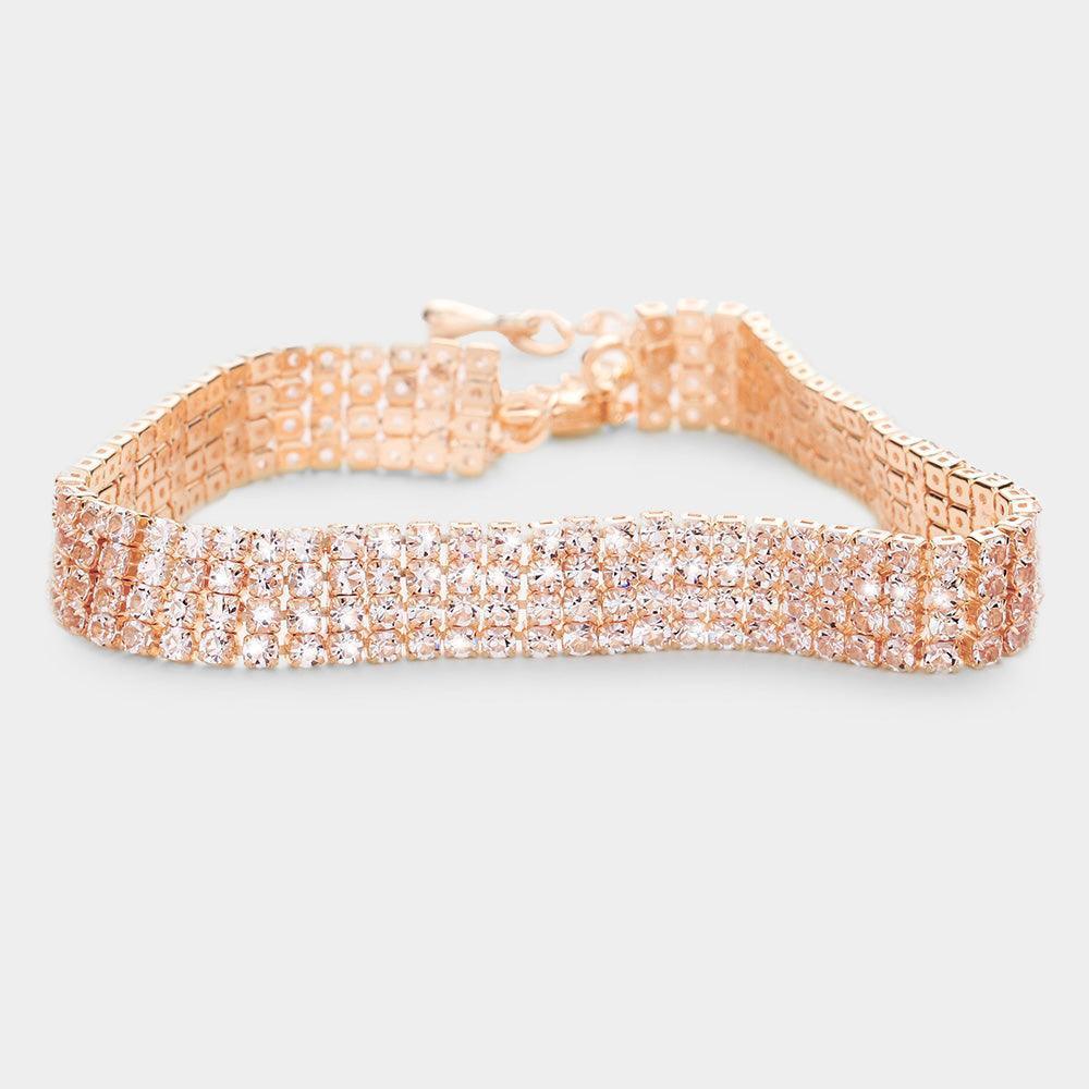 Rose Gold 4 Row Crystal Rhinestone Embellished Tennis Evening Bracelet - Jewelry Store by Erik Rayo