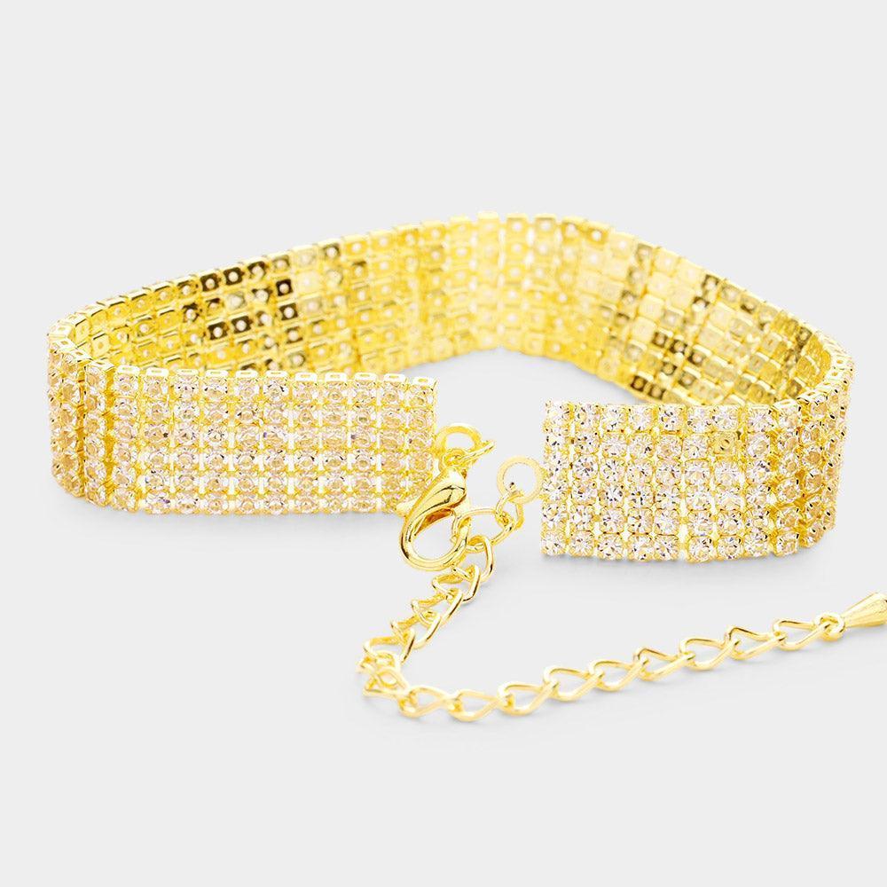 Gold 6 Row Crystal Rhinestone Embellished Tennis Evening Bracelet - Jewelry Store by Erik Rayo