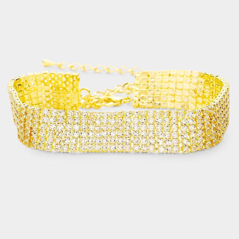 Gold 6 Row Crystal Rhinestone Embellished Tennis Evening Bracelet - Jewelry Store by Erik Rayo