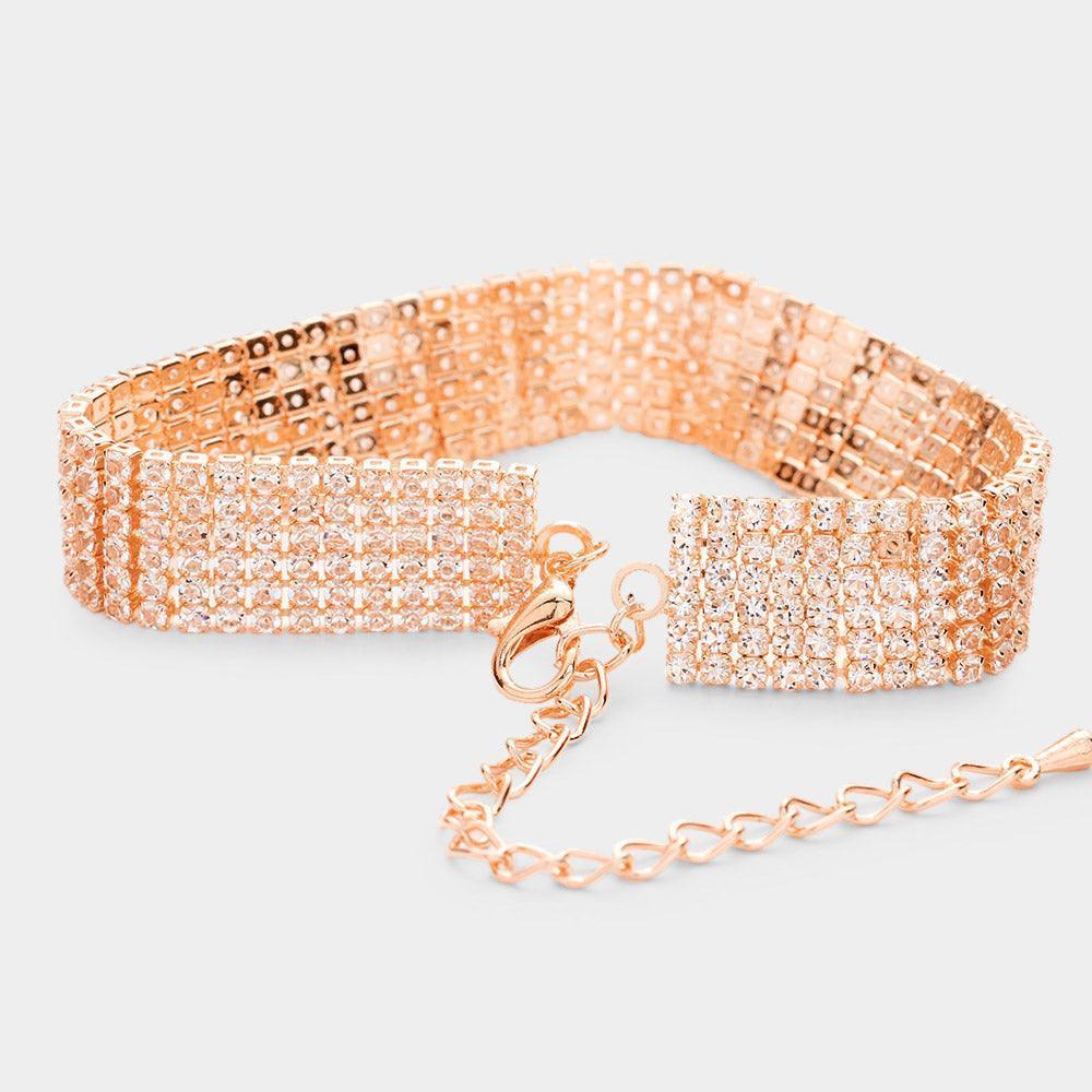 Rose Gold 6 Row Crystal Rhinestone Embellished Tennis Evening Bracelet - Jewelry Store by Erik Rayo