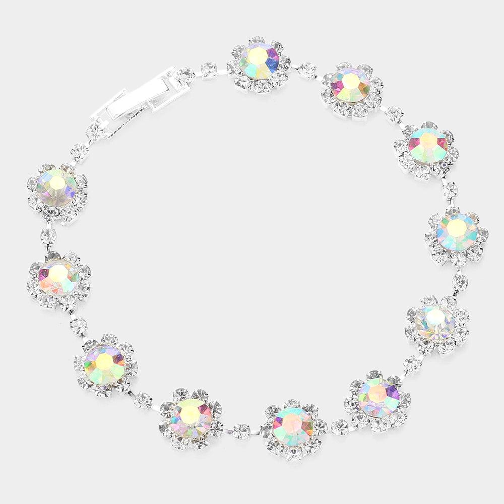 Silver Round Crystal Rhinestone Rosette Evening Bracelet