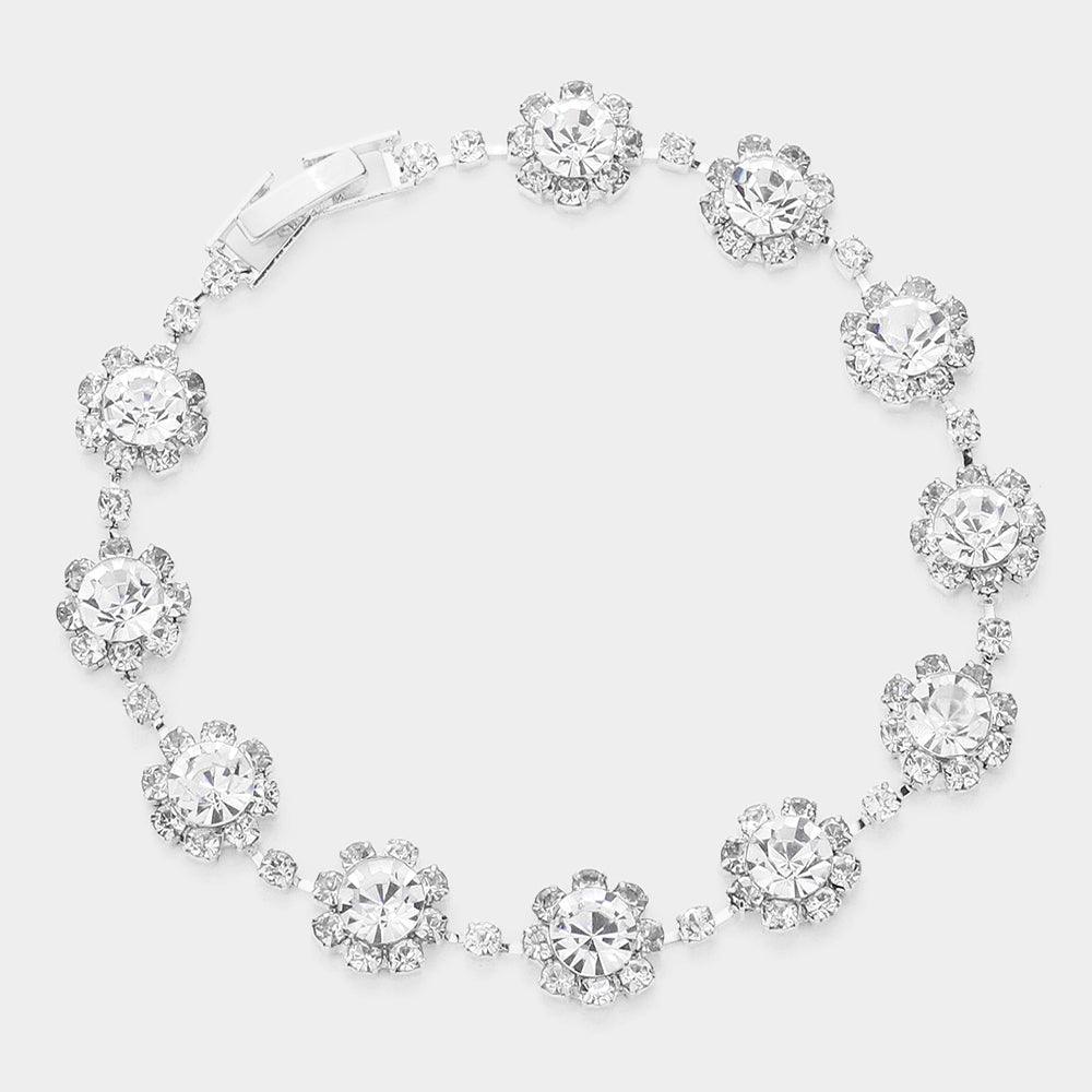 Silver Round Crystal Rhinestone Rosette Evening Bracelet