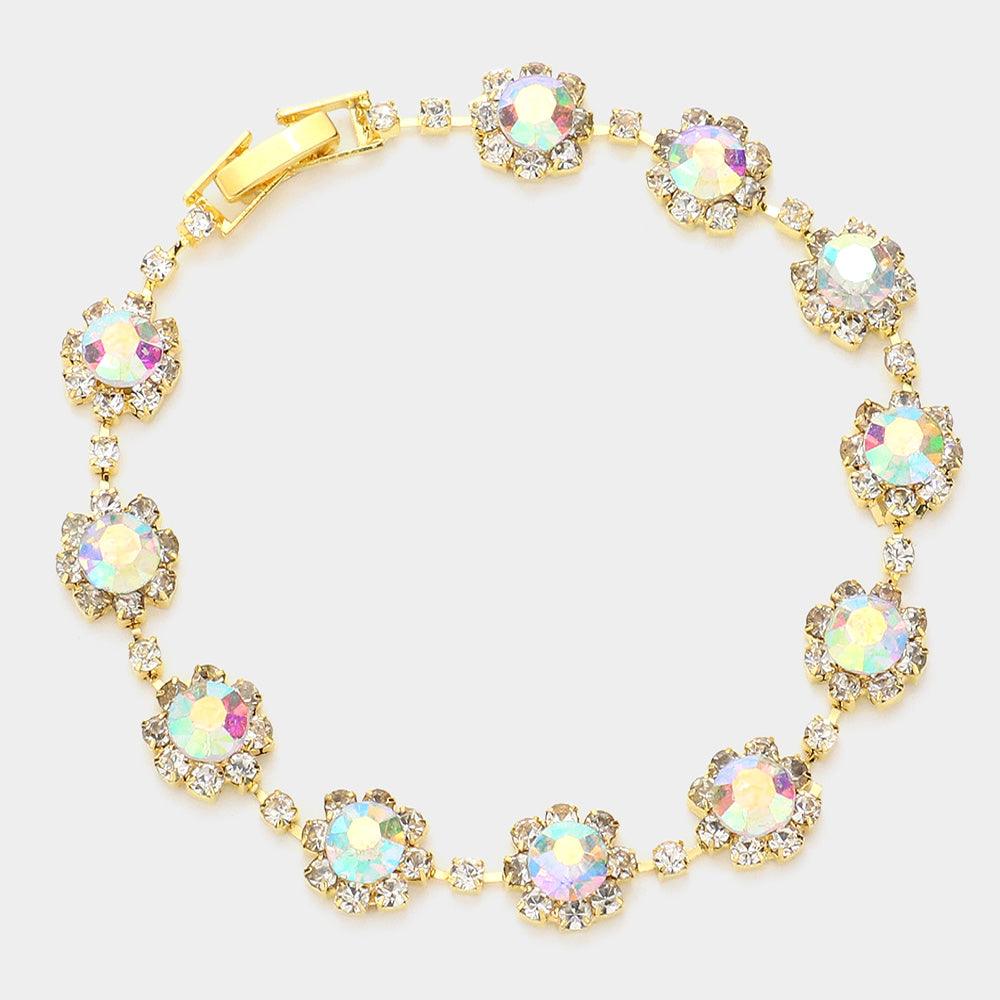 Gold Round Crystal Rhinestone Rosette Evening Bracelet