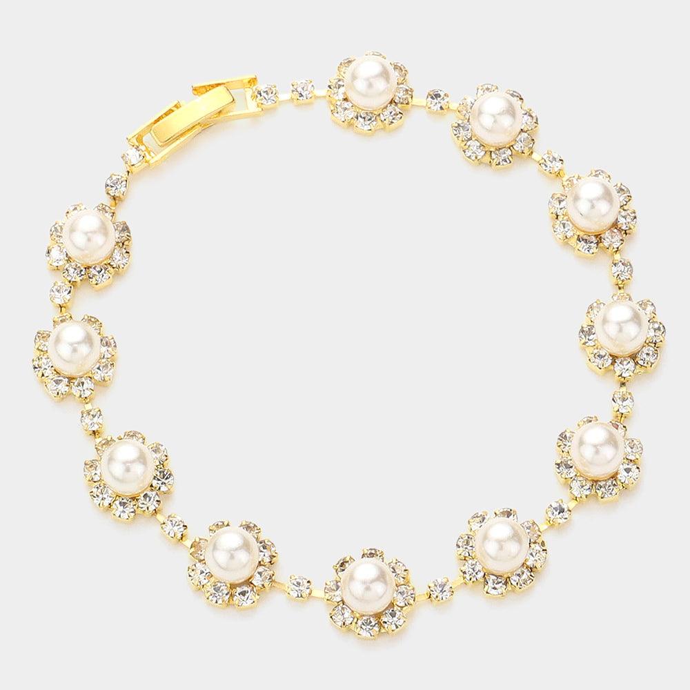 Cream Round Crystal Rhinestone Pearl Rosette Evening Bracelet