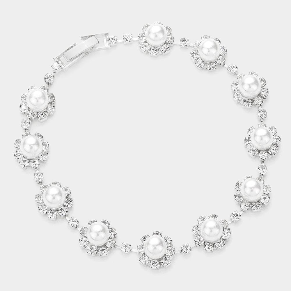 White Round Crystal Rhinestone Pearl Rosette Evening Bracelet - Jewelry Store by Erik Rayo
