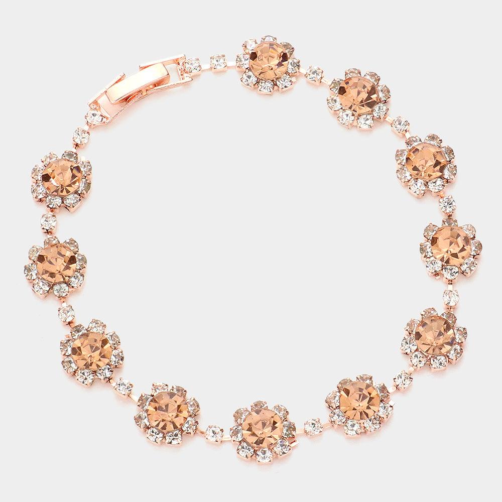 Peach Round Crystal Rhinestone Rosette Evening Bracelet