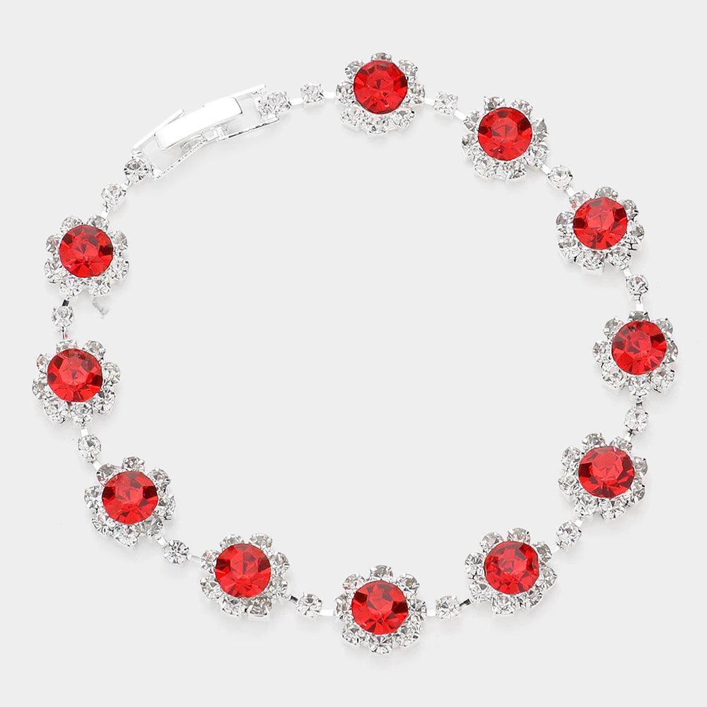 Red Round Crystal Rhinestone Rosette Evening Bracelet