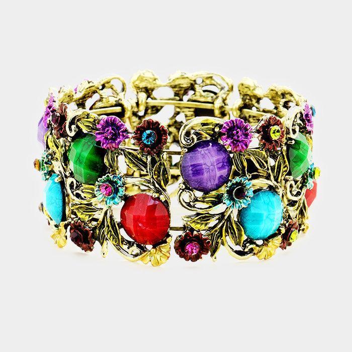 Gold Stone Flower Leaf Cluster Evening Cuff Bracelet - Jewelry Store by Erik Rayo