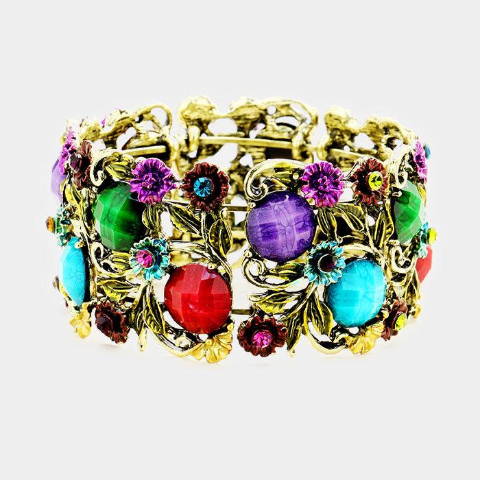 Gold Stone Flower Leaf Cluster Evening Cuff Bracelet