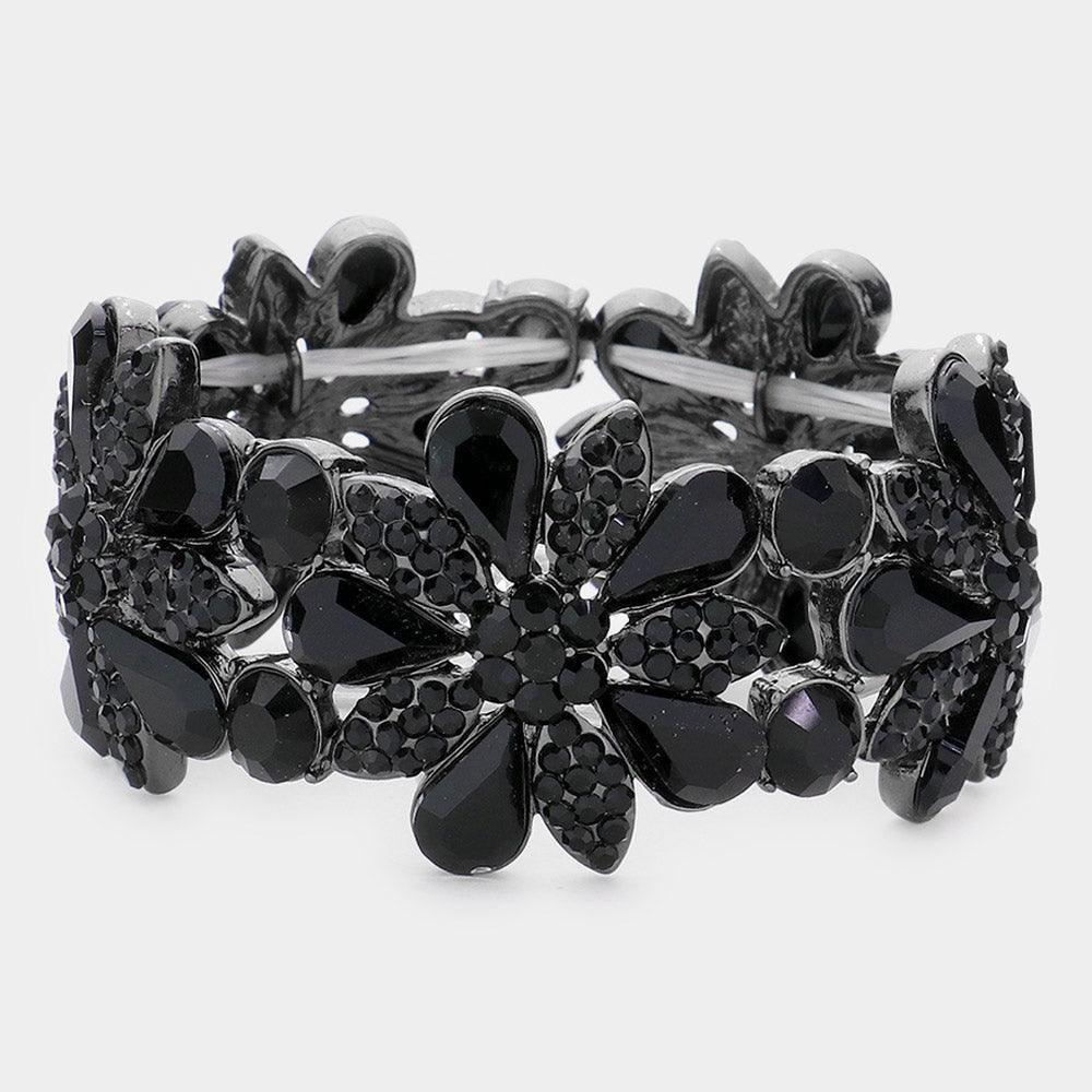 Black Crystal Rhinestone Flower Stretch Evening Bracelet - Jewelry Store by Erik Rayo