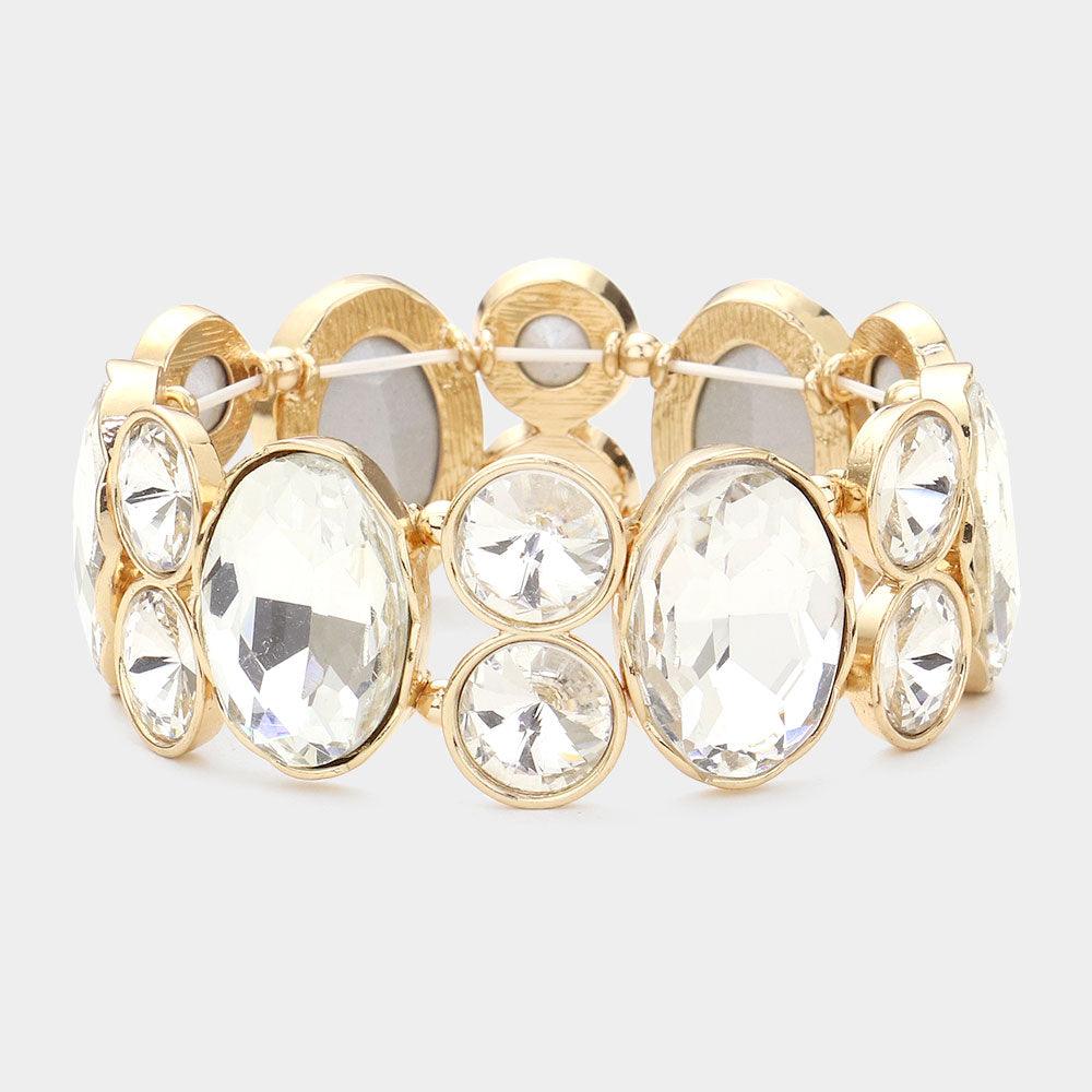 Gold Oval Crystal Rhinestone Stretch Evening Bracelet