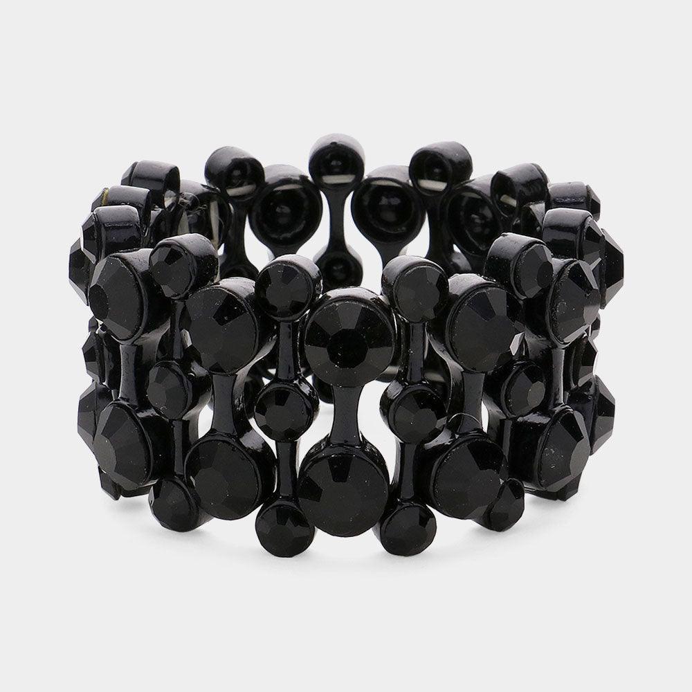 Black Round Glass Stone Embellished Stretch Evening Bracelet - Jewelry Store by Erik Rayo