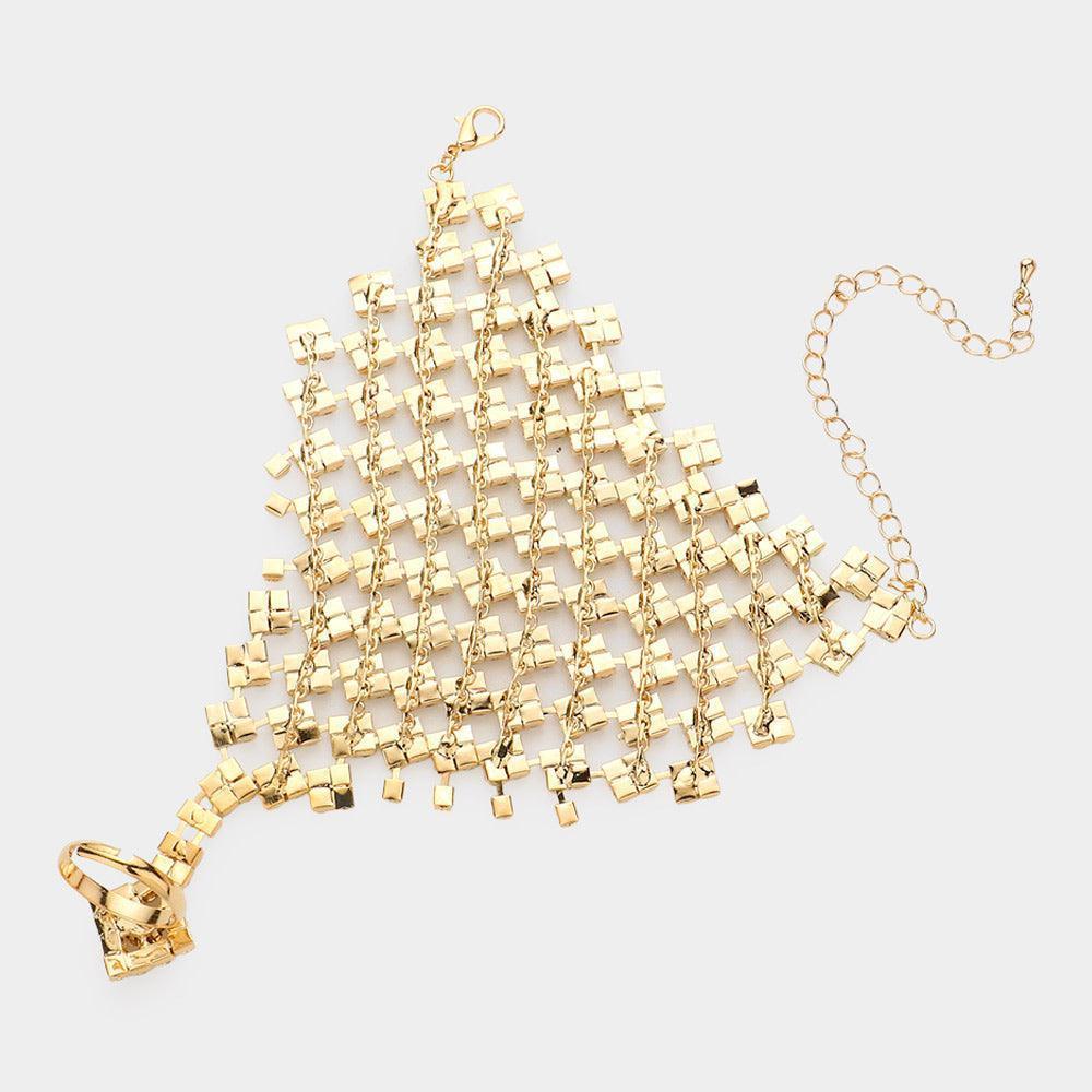 Gold Rhinestone Pave Hand Chain Evening Bracelet - Jewelry Store by Erik Rayo