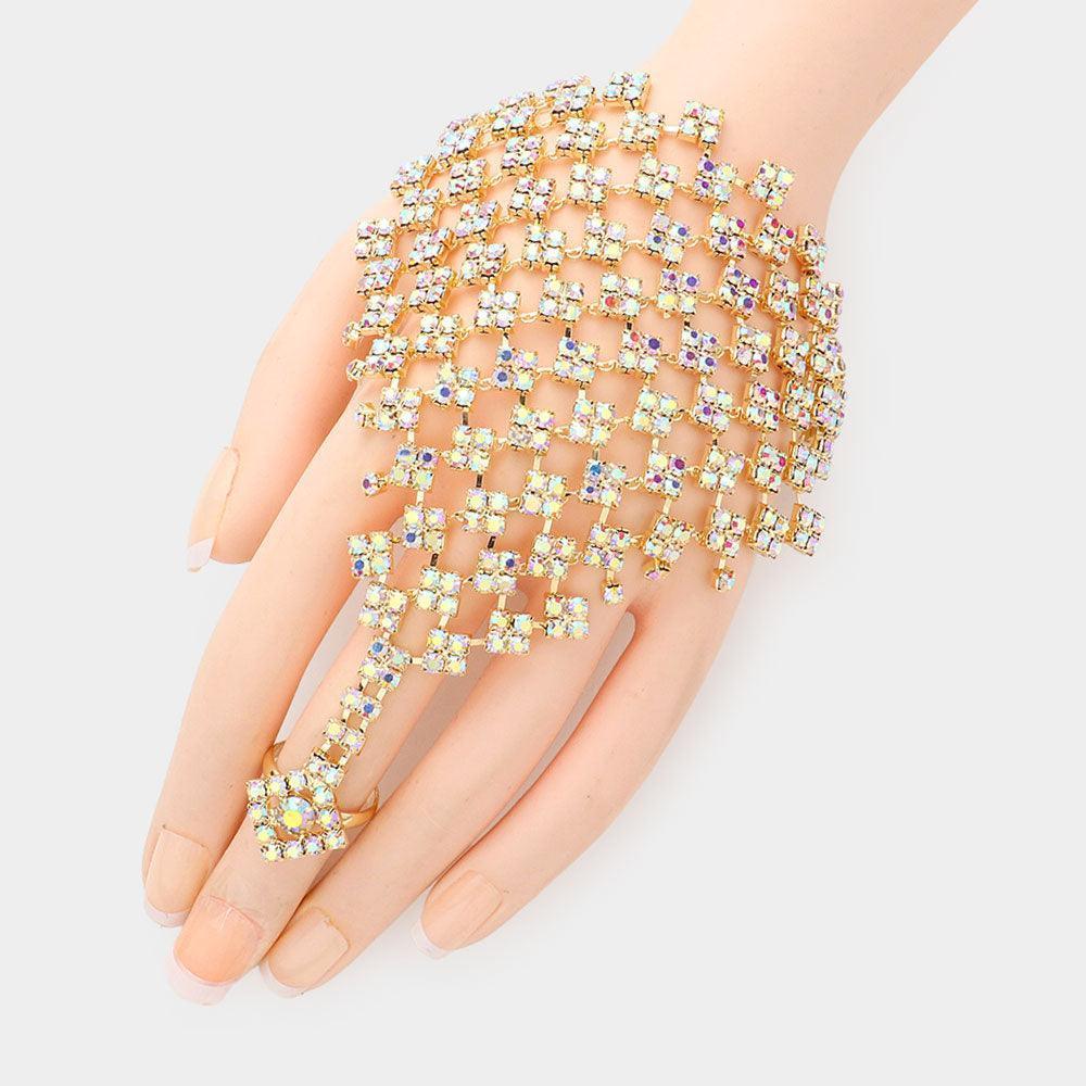 Gold Rhinestone Pave Hand Chain Evening Bracelet - Jewelry Store by Erik Rayo