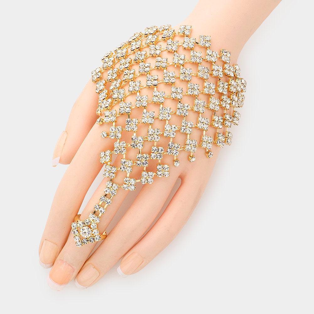 Gold Rhinestone Pave Hand Chain Evening Bracelet - Jewelry Store by Erik Rayo