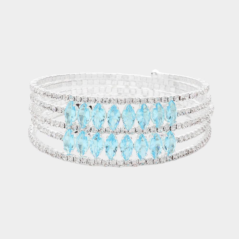 Turquoise CZ Marquise Stone Accented Rhinestone Paved Adjustable Evening Bracelet