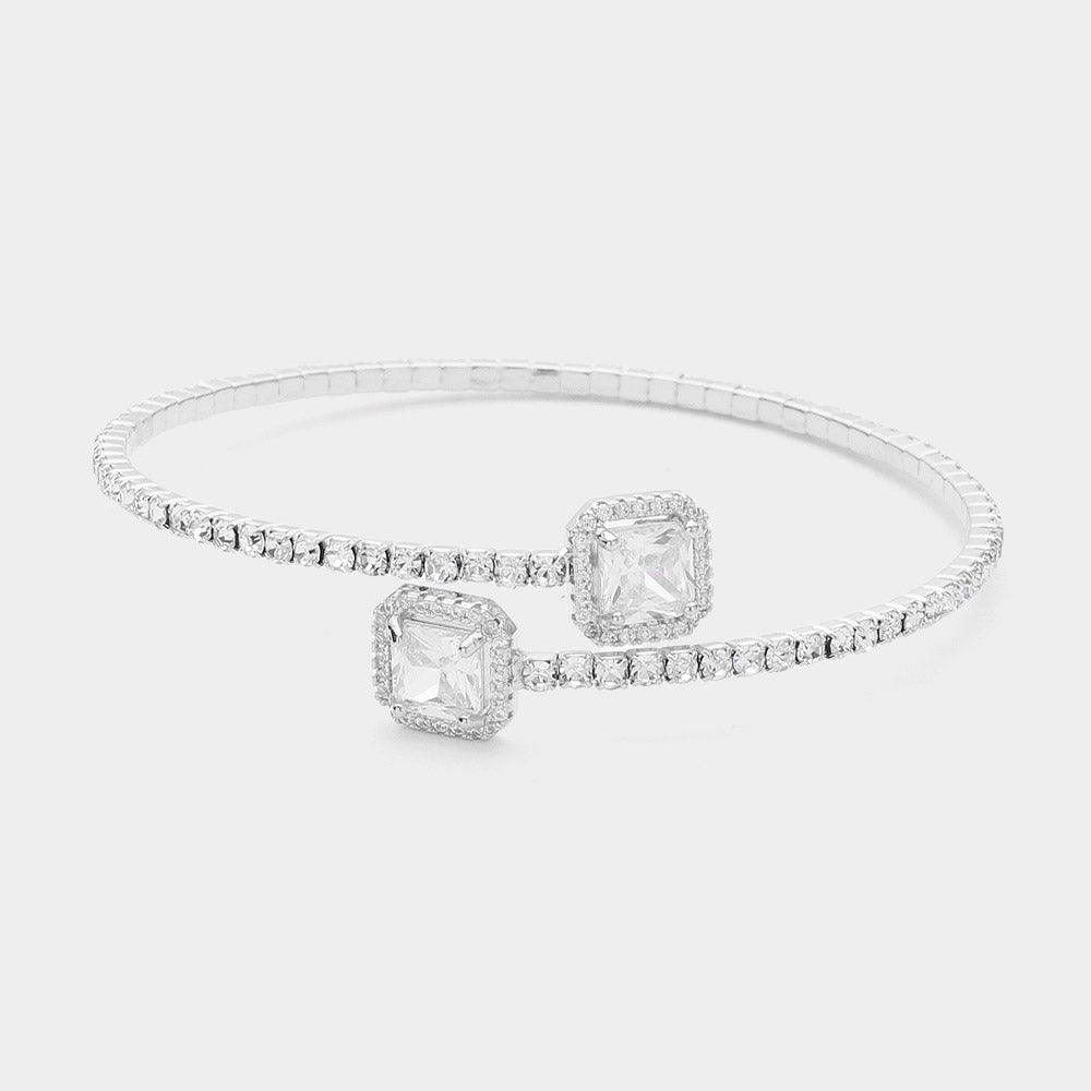 Silver CZ Square Stone Tip Rhinestone Paved Evening Bracelet