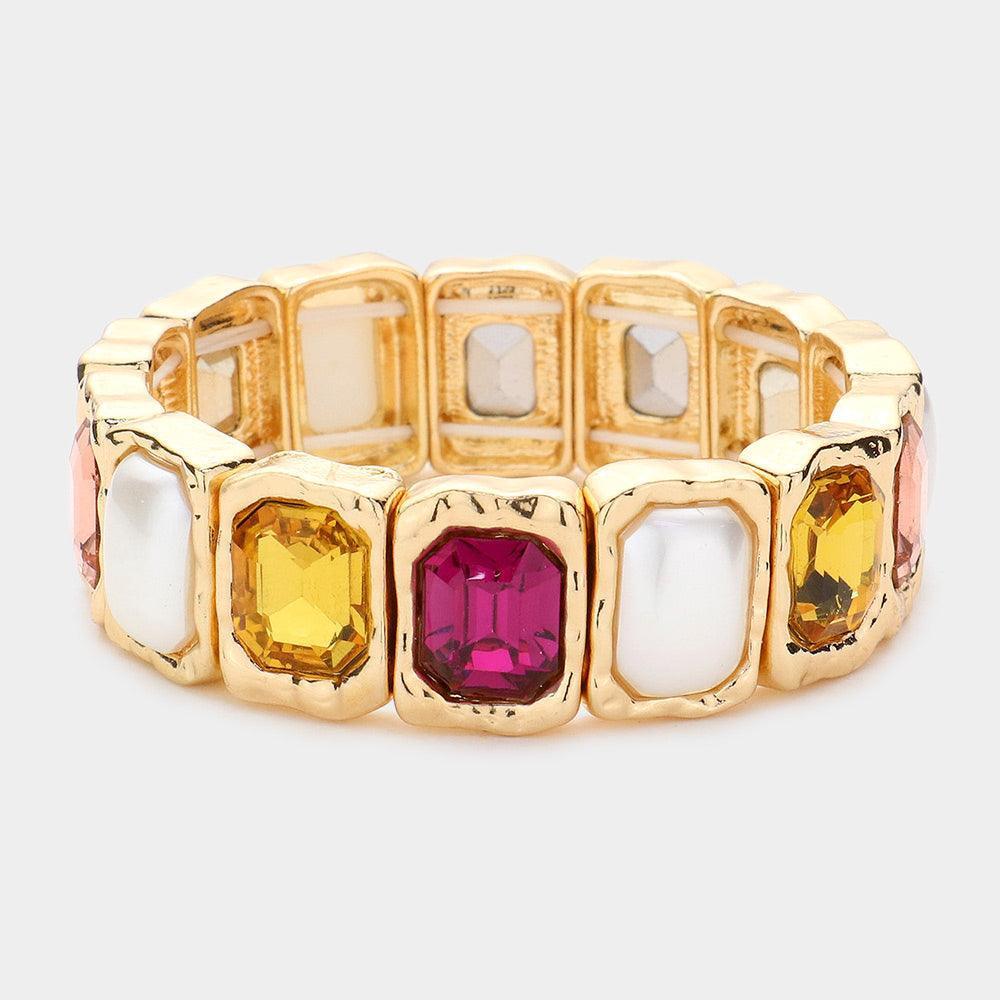 Fuchsia Emerald Cut Stone Pearl Stretch Evening Bracelet - Jewelry Store by Erik Rayo