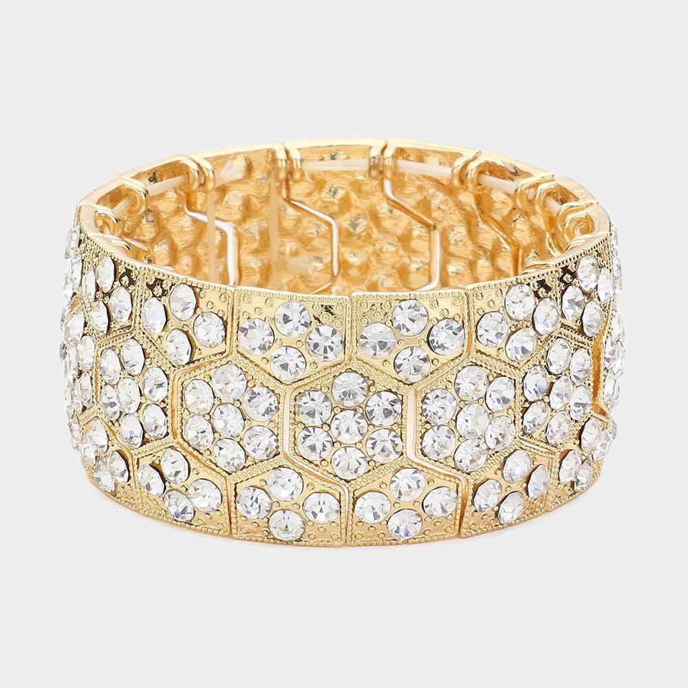Clear Crystal Rhinestone Paved Honey Comb Evening Stretch Bracelet - Jewelry Store by Erik Rayo