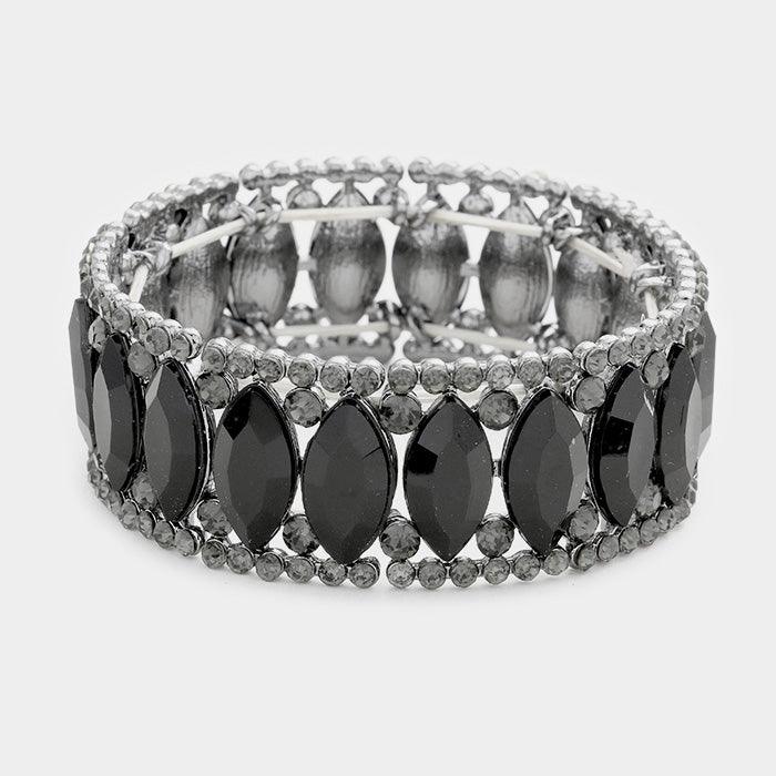 Black Rhinestone Trim Oval Stone Evening Bracelet