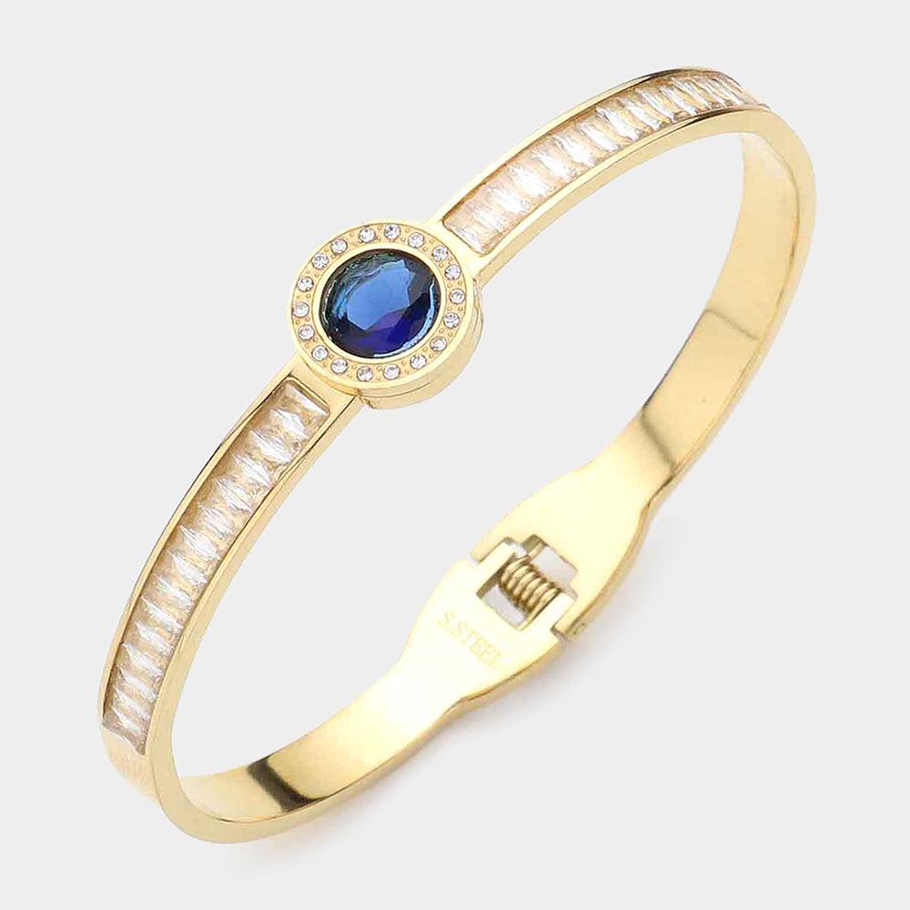 Blue Stainless Steel Round Stone Accented Baguette Stone Embellished Hinged Evening Bracelet