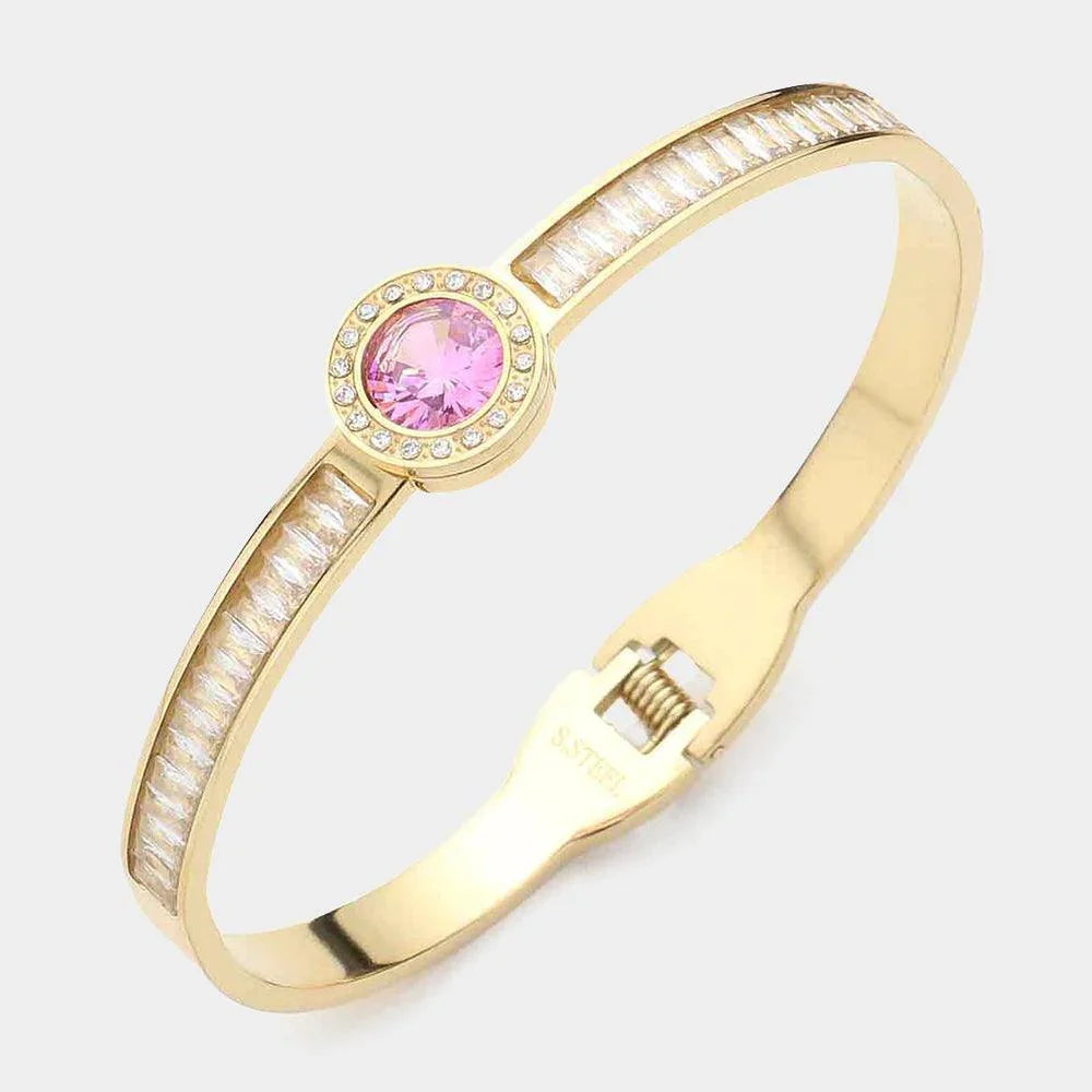 Pink Stainless Steel Round Stone Accented Baguette Stone Embellished Hinged Evening Bracelet - Jewelry Store by Erik Rayo