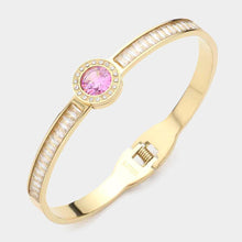 Load image into Gallery viewer, Pink Stainless Steel Round Stone Accented Baguette Stone Embellished Hinged Evening Bracelet
