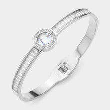 Load image into Gallery viewer, Silver Stainless Steel Round Stone Accented Baguette Stone Embellished Hinged Evening Bracelet
