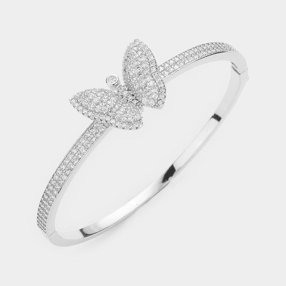 Silver Butterfly Accented Bangle Evening Bracelet