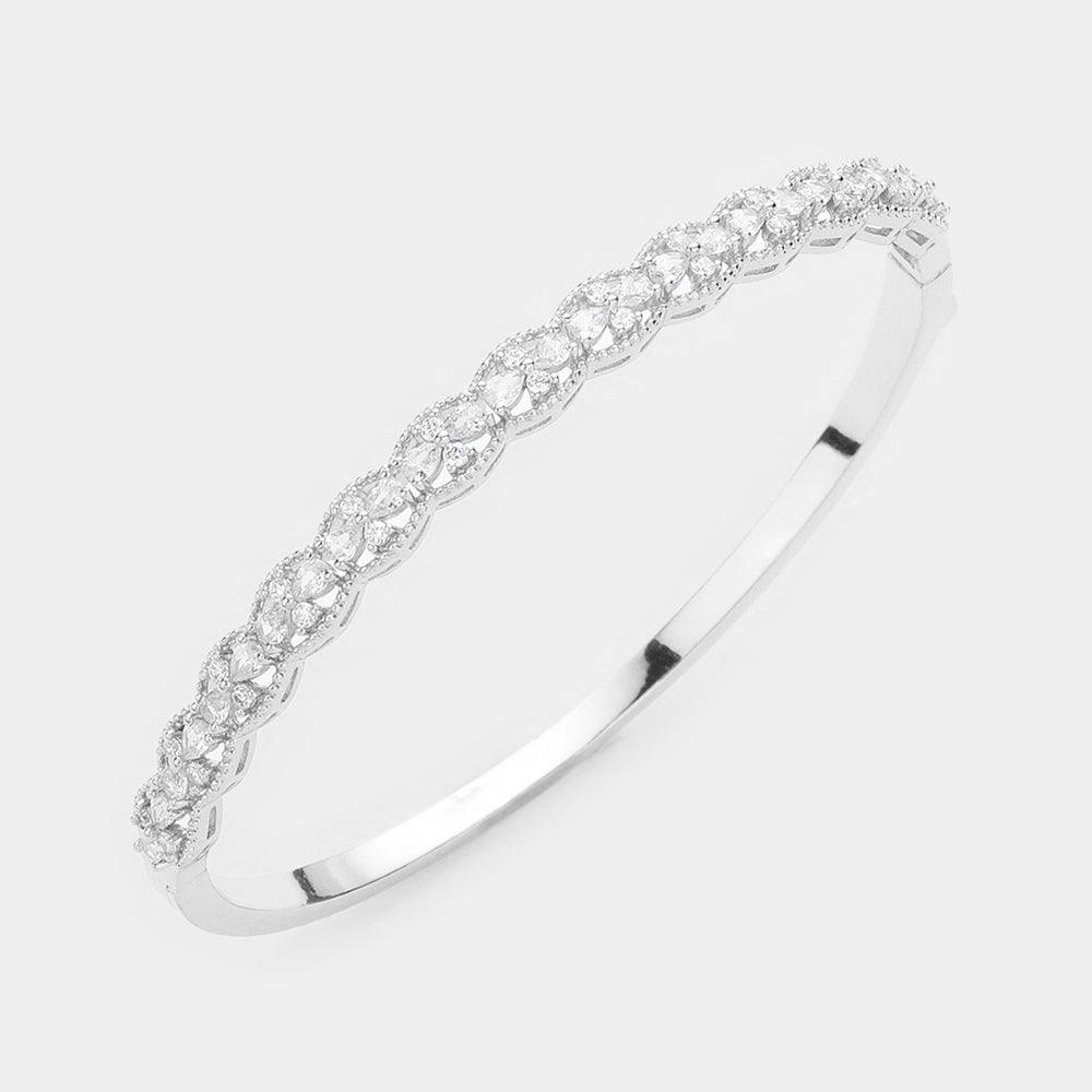 Silver Teardrop Round Stone Embellished Bangle Evening Bracelet