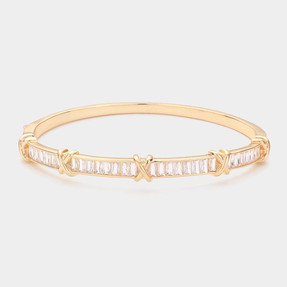 Gold Baguette CZ Stone Embellished Crisscross Pointed Evening Bangle Hinged Bracelet