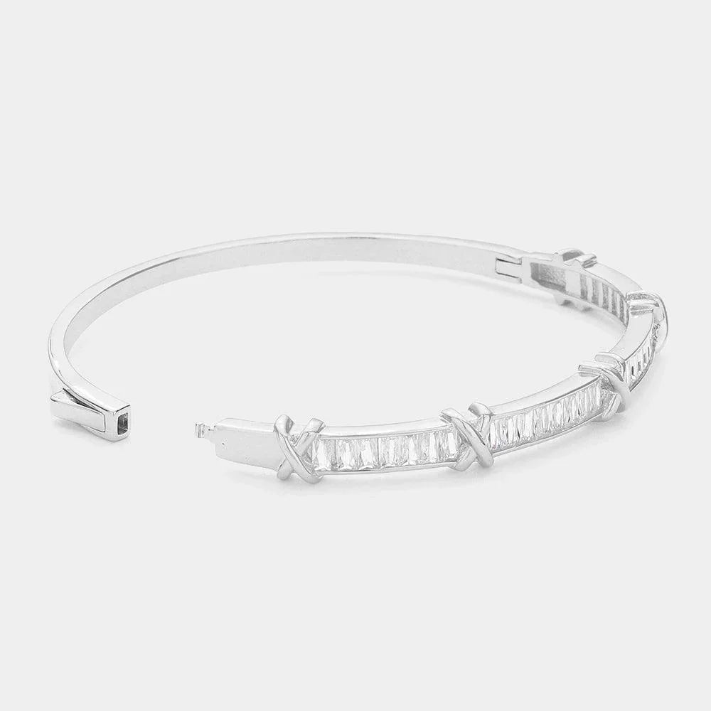 Silver Baguette CZ Stone Embellished Crisscross Pointed Evening Bangle Hinged Bracelet - Jewelry Store by Erik Rayo