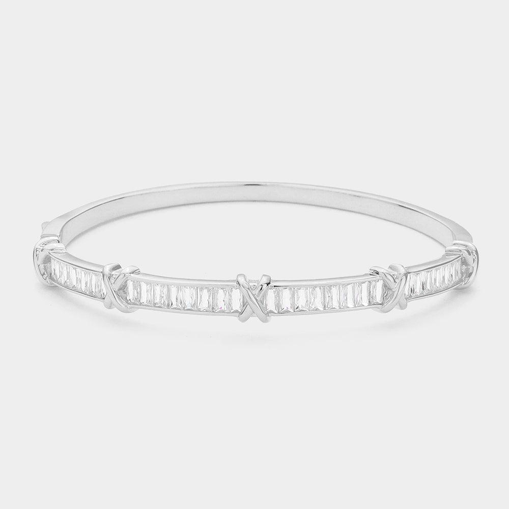 Silver Baguette CZ Stone Embellished Crisscross Pointed Evening Bangle Hinged Bracelet