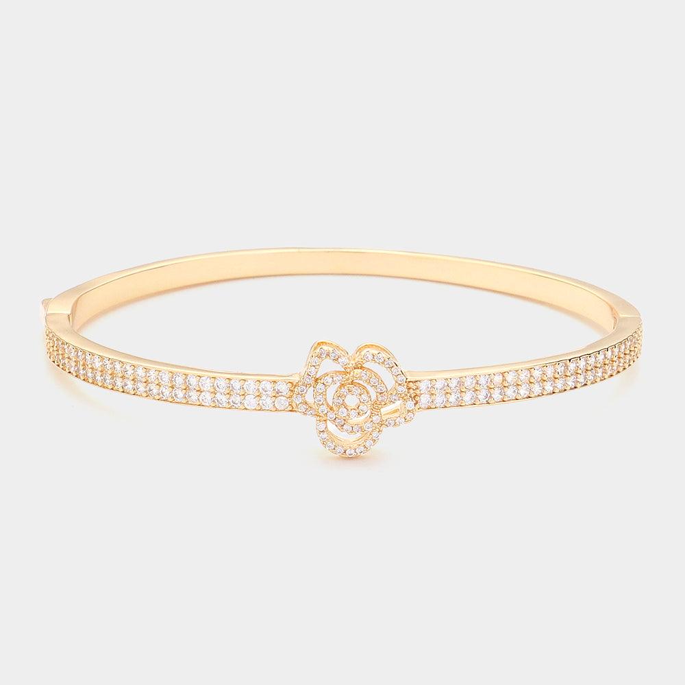 Gold CZ Stone Paved Flower Pointed Hinged Evening Bangle Bracelet