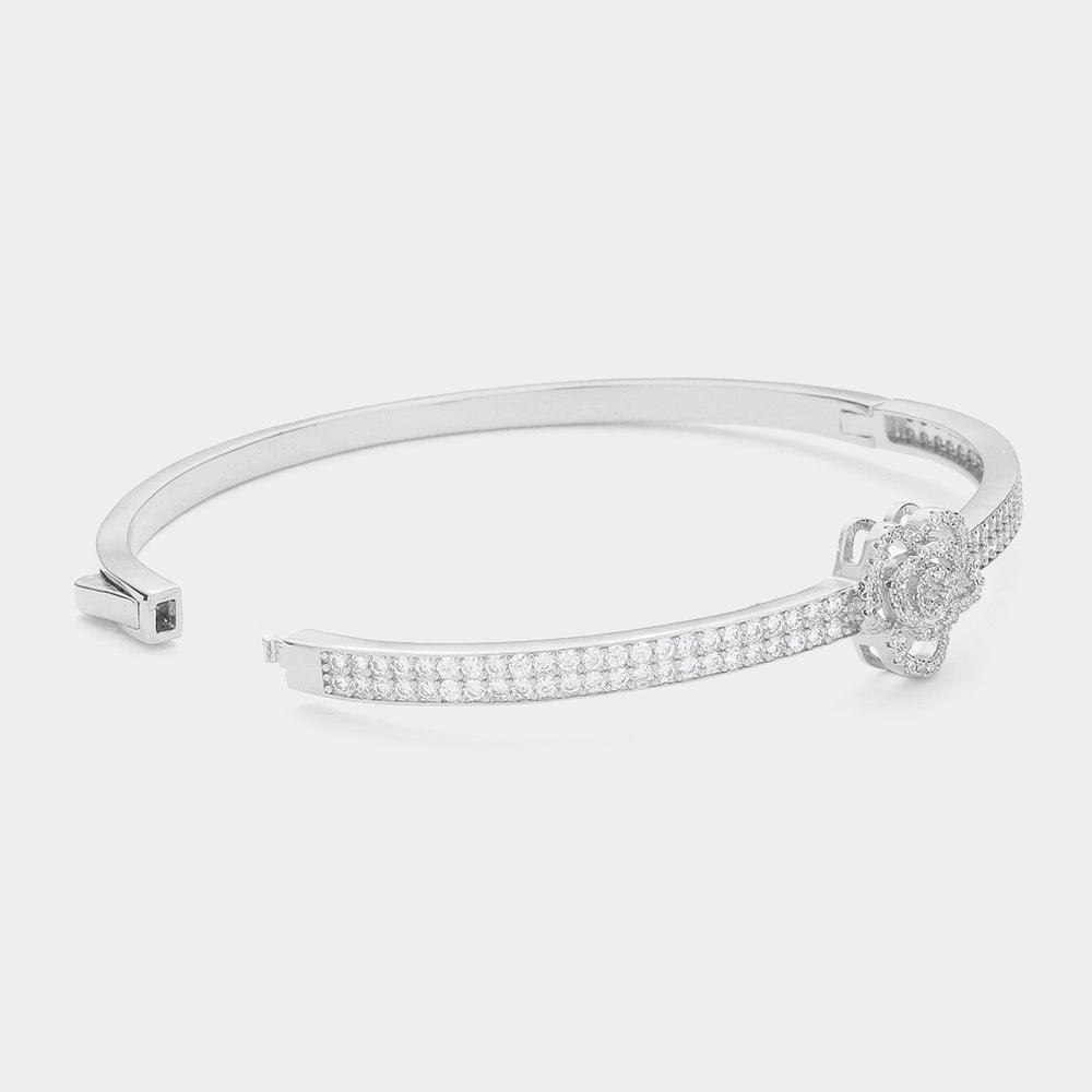 Silver CZ Stone Paved Flower Pointed Hinged Evening Bangle Bracelet - Jewelry Store by Erik Rayo