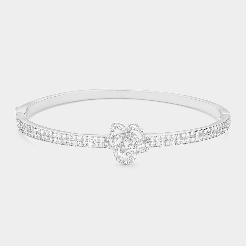 Silver CZ Stone Paved Flower Pointed Hinged Evening Bangle Bracelet - Jewelry Store by Erik Rayo
