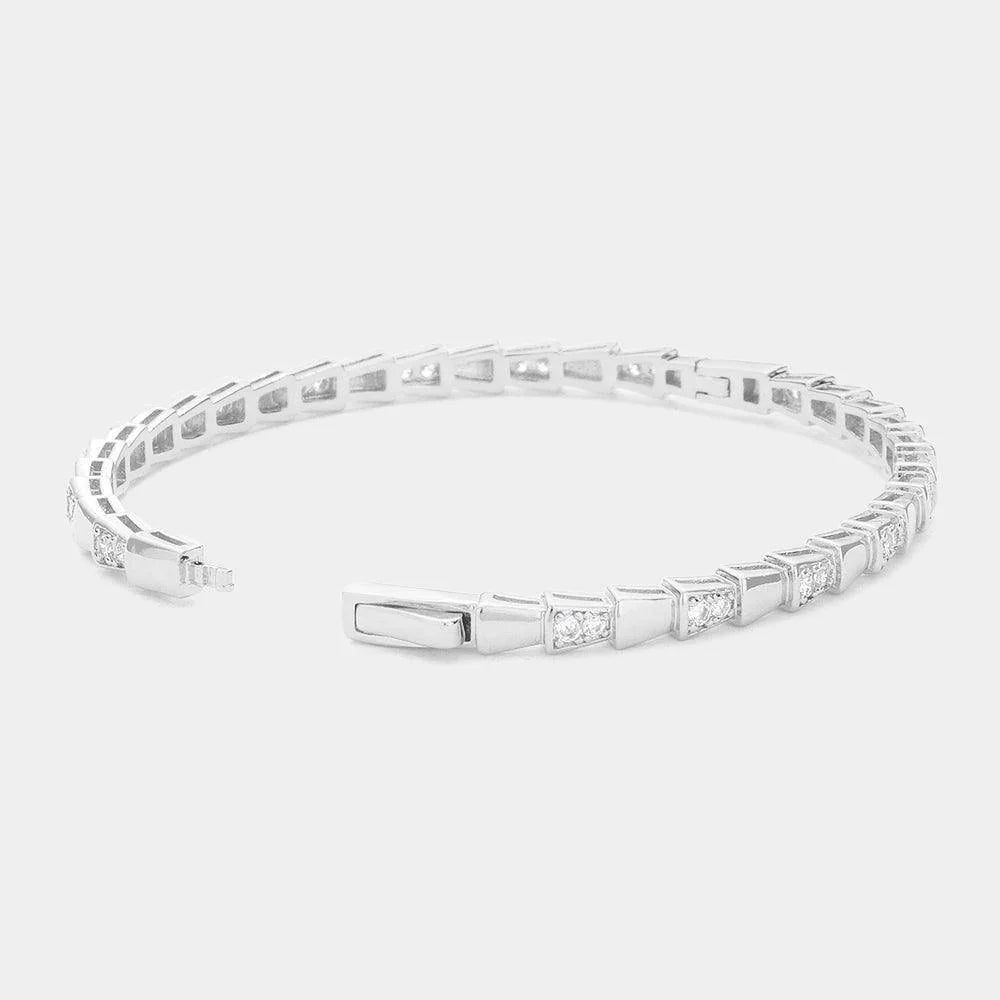 Silver CZ Stone Pointed Abstract Metal Hinged Evening Bangle Bracelet - Jewelry Store by Erik Rayo
