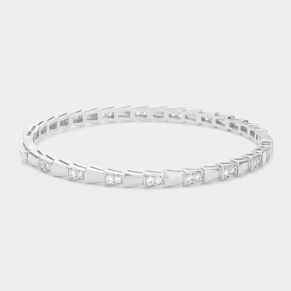 Silver CZ Stone Pointed Abstract Metal Hinged Evening Bangle Bracelet