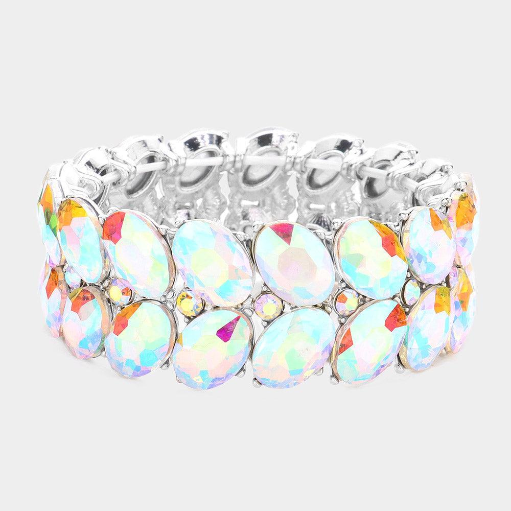 Silver Oval Stone Cluster Stretch Evening Bracelet