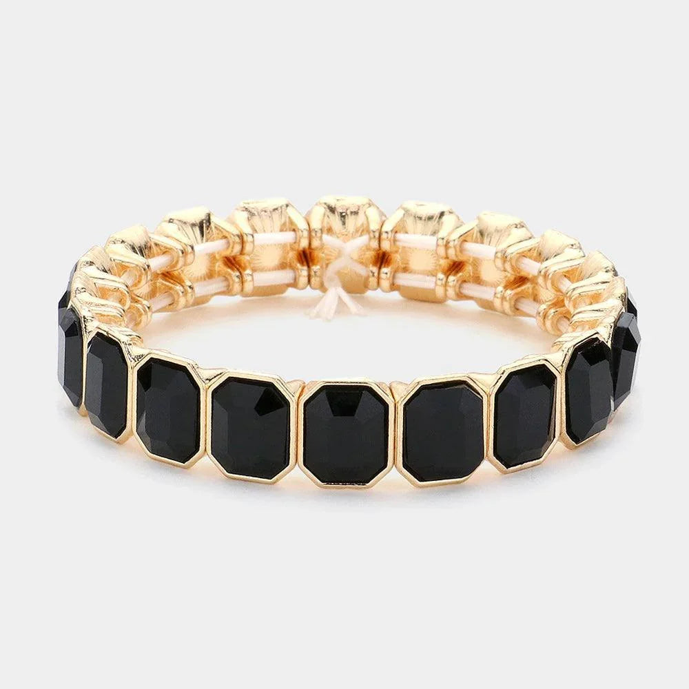 Black Rectangle Glass Stone Cluster Stretch Evening Bracelet - Jewelry Store by Erik Rayo