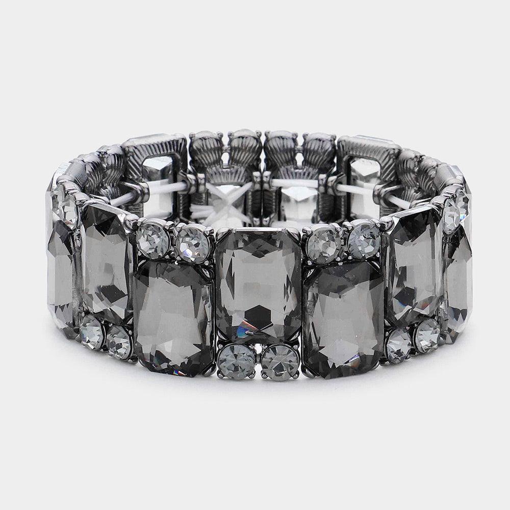 Black Rectangle Round Glass Stone Cluster Stretch Evening Bracelet - Jewelry Store by Erik Rayo